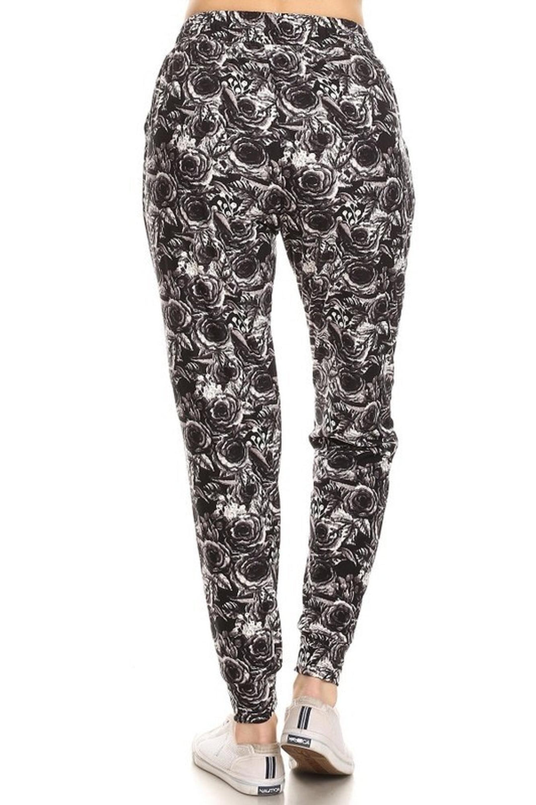 Buttery Soft Black and White Rose Floral Joggers