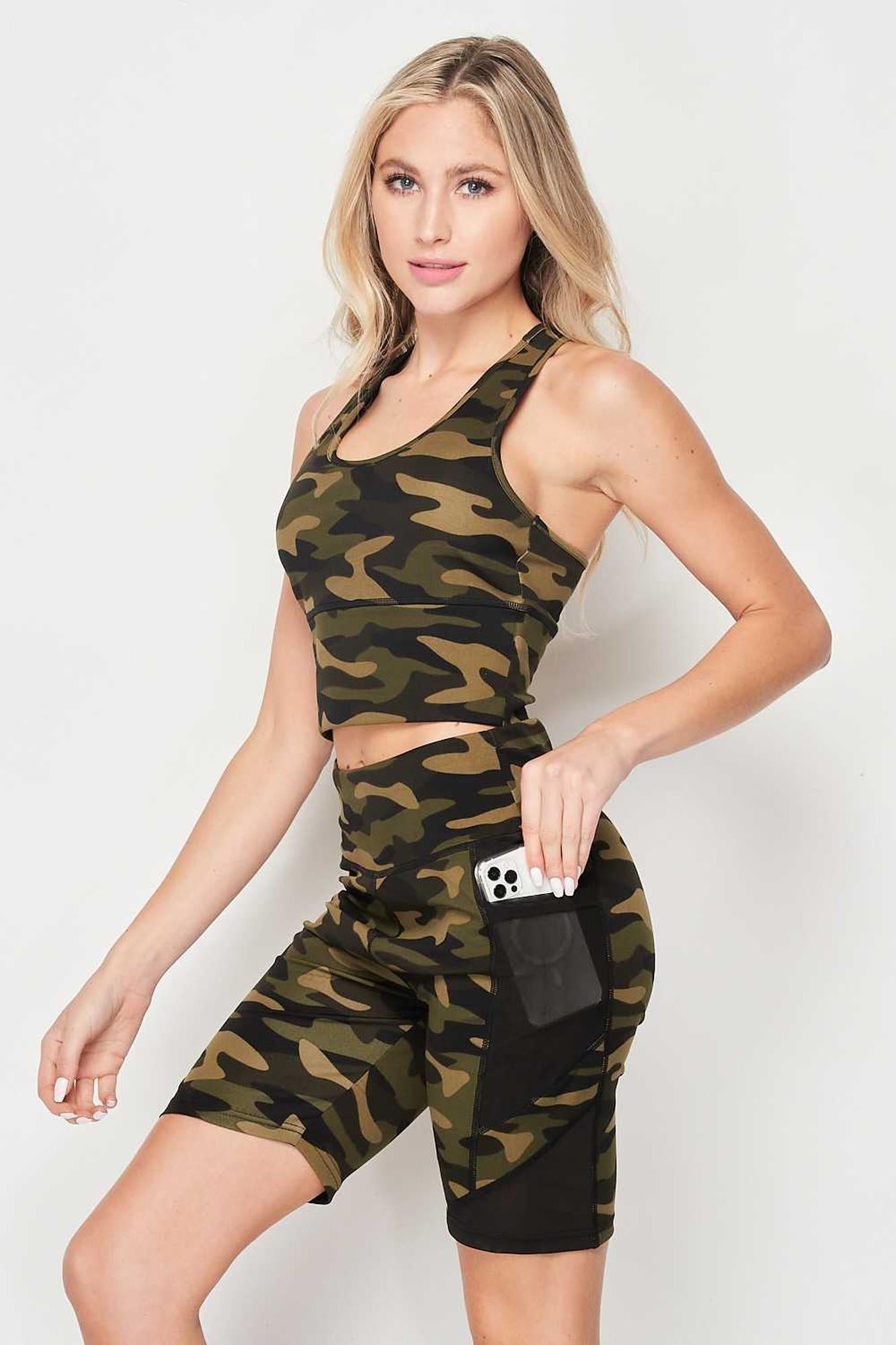High Waisted Camouflage Mesh Pocket Biker Shorts and Crop Top Workout Set