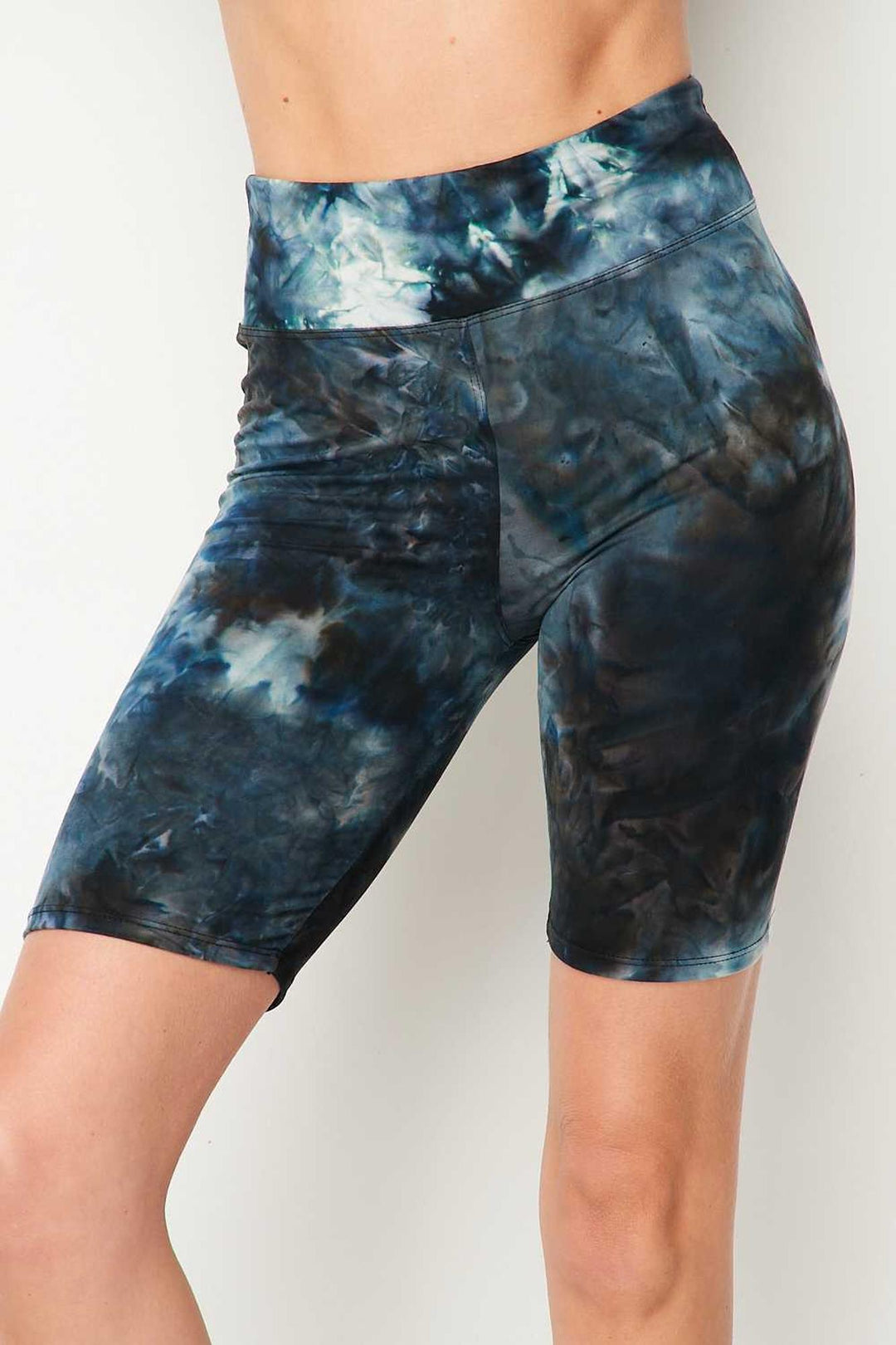 Buttery Soft Steel Blue Tie Dye High Waisted Biker Shorts - 3 Inch Waist
