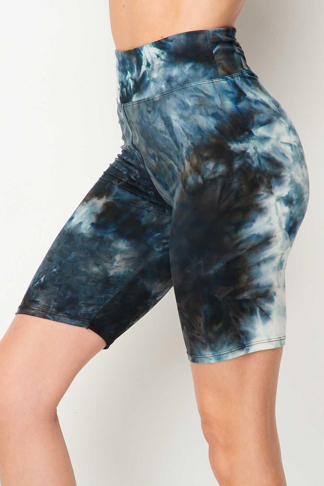 Buttery Soft Steel Blue Tie Dye High Waisted Biker Shorts - 3 Inch Waist