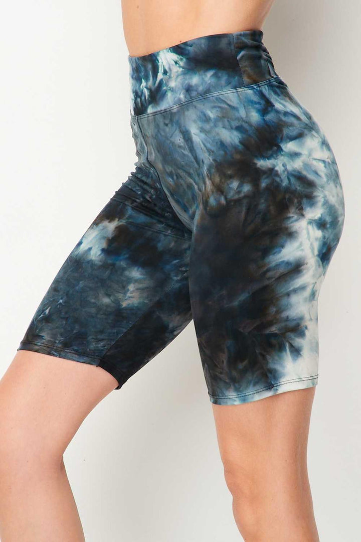 Buttery Soft Steel Blue Tie Dye High Waisted Biker Shorts - 3 Inch Waist