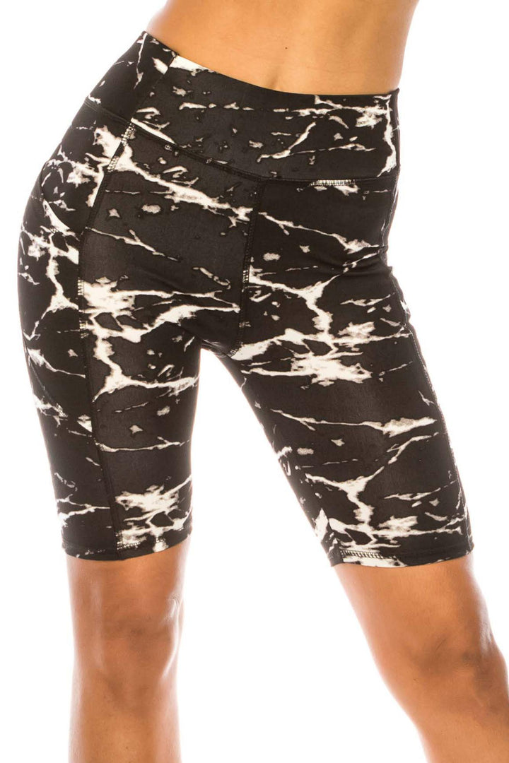 Black Marble High Waist Sport Biker Shorts with Side Pocket