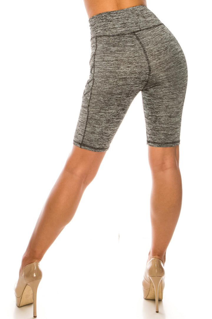 Solid Heathered Crisscross Detail High Waist Sport Biker Shorts with Side Pocket