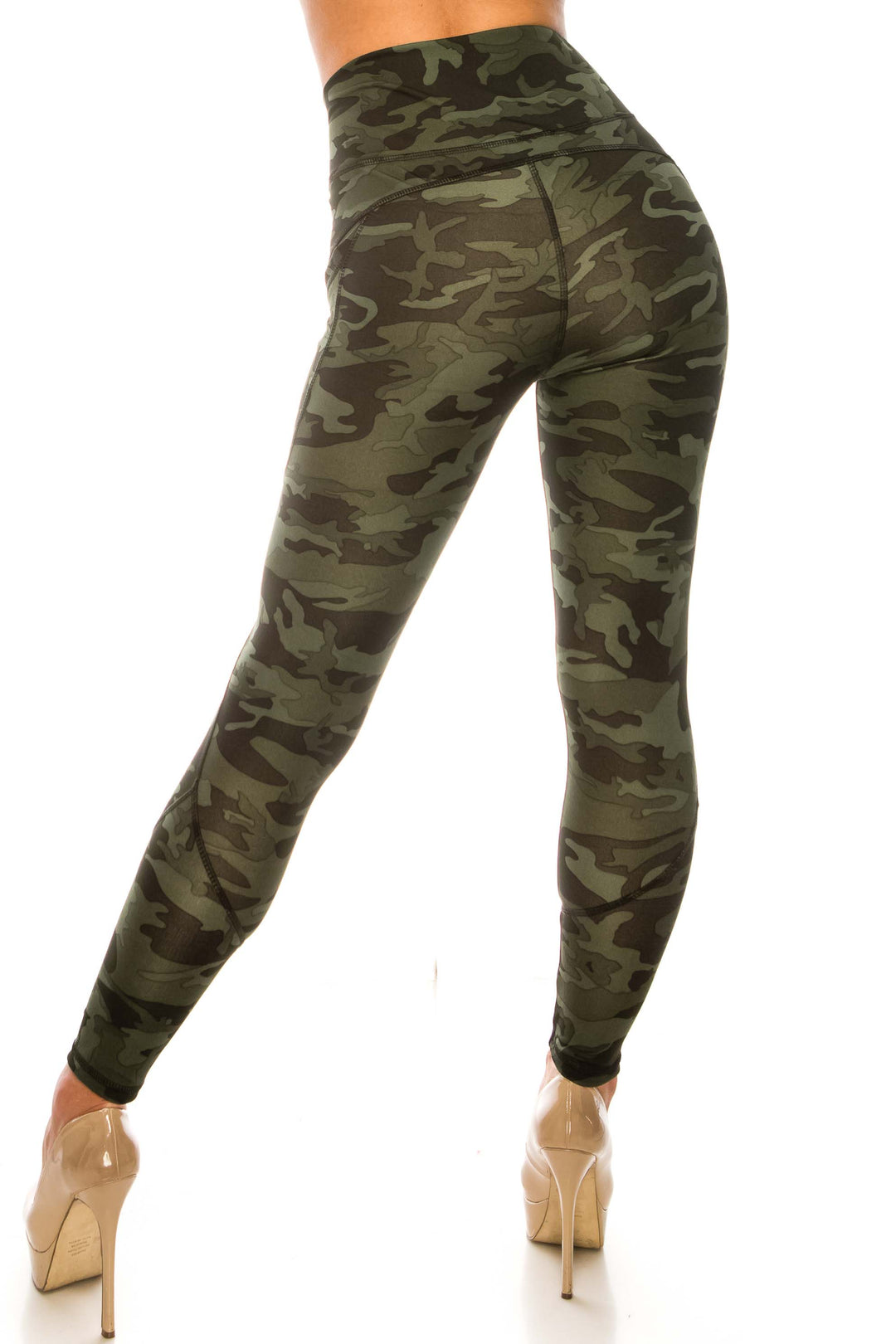Dark Olive Camouflage Contour Seam High Waisted Sport Leggings with Pockets