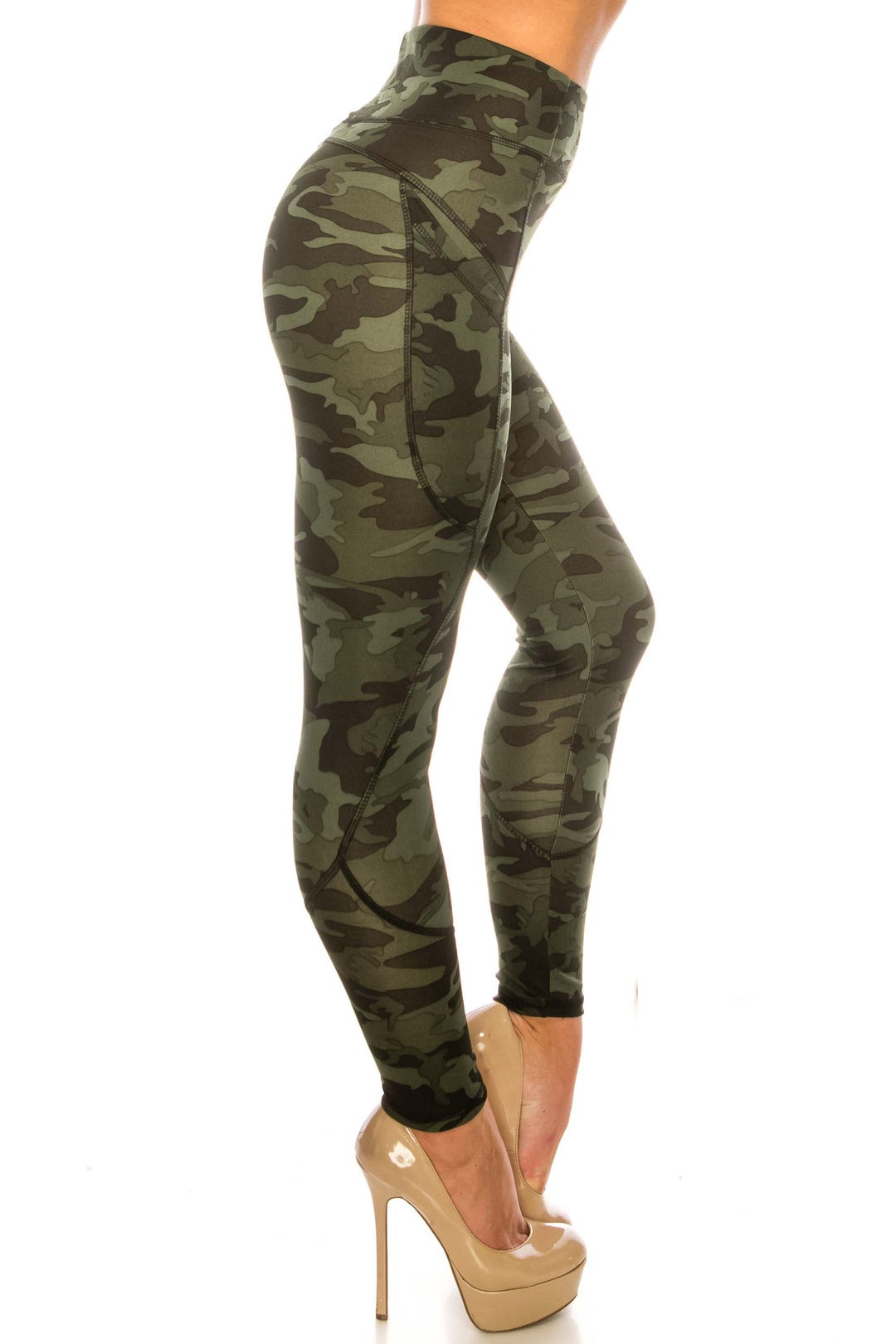 Dark Olive Camouflage Contour Seam High Waisted Sport Leggings with Pockets