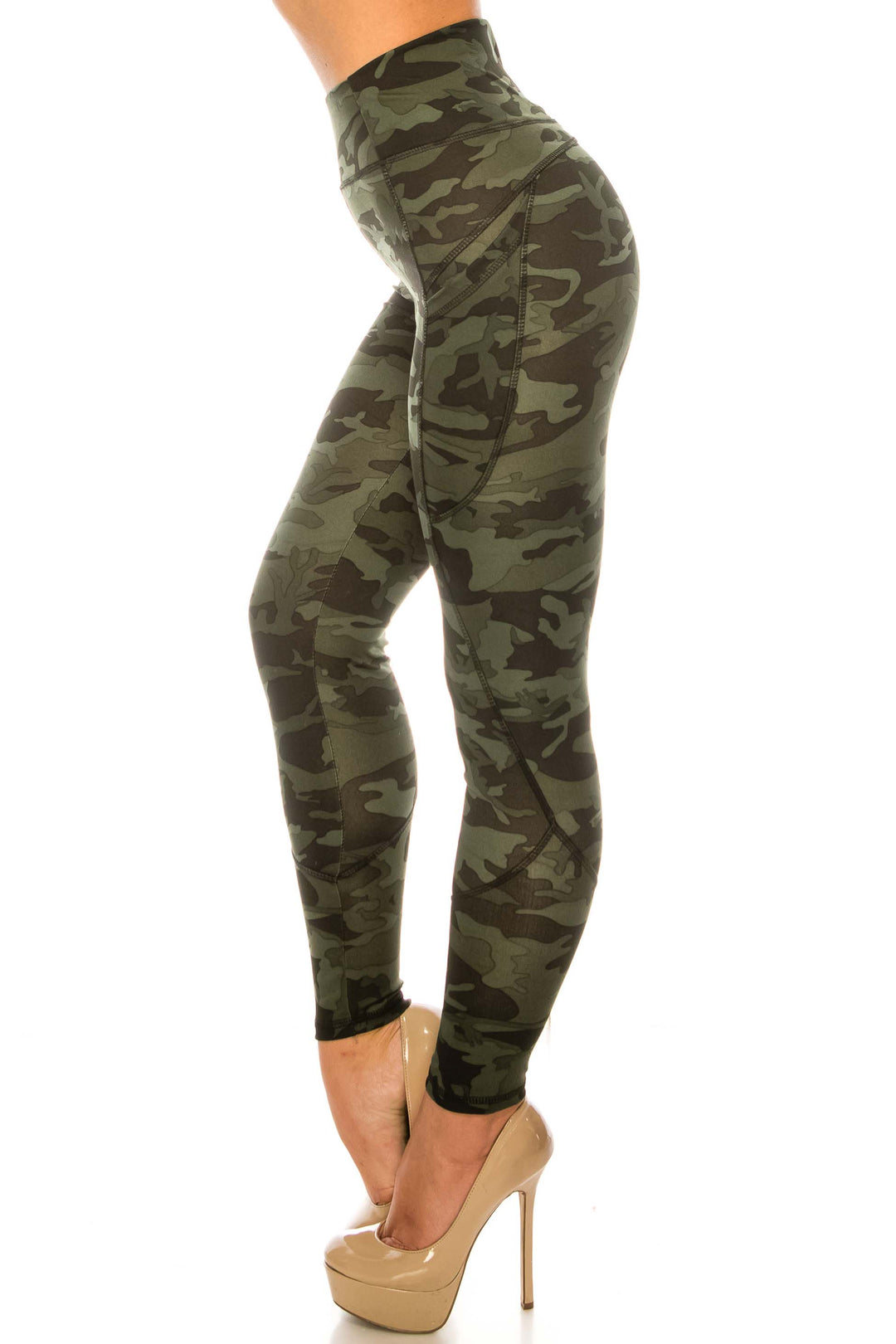 Dark Olive Camouflage Contour Seam High Waisted Sport Leggings with Pockets