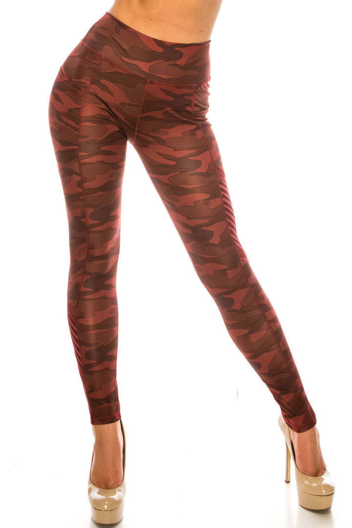 Burgundy Camouflage Serrated Mesh High Waisted Sport Leggings