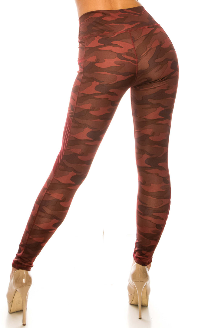 Burgundy Camouflage Serrated Mesh High Waisted Sport Leggings