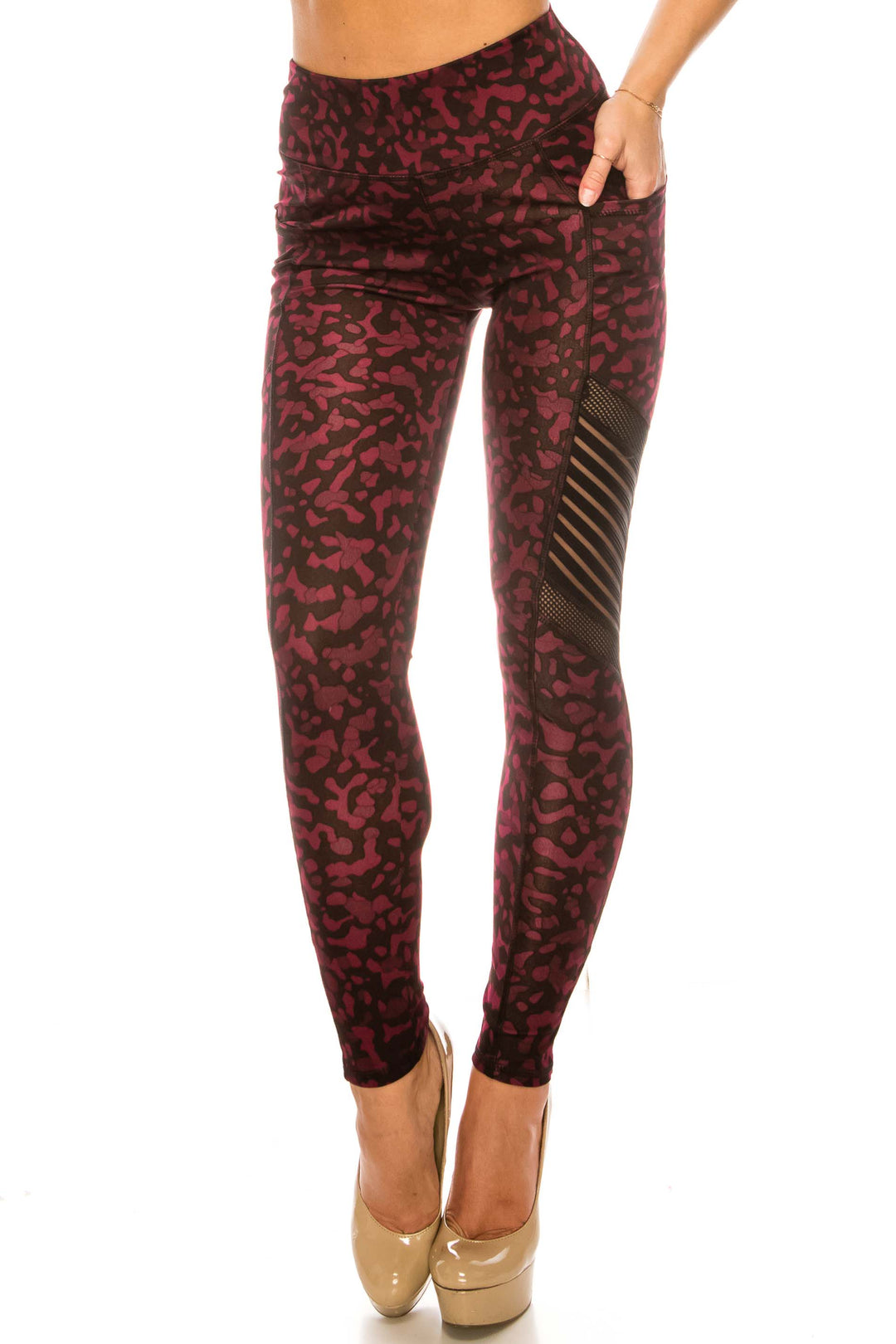 Burgundy Leopard Serrated Mesh High Waisted Sport Leggings