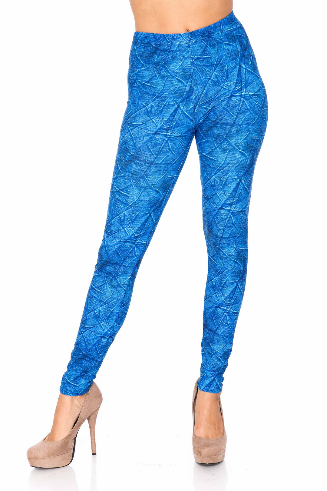 Creamy Soft Blue Wrinkled Denim Leggings - USA Fashion