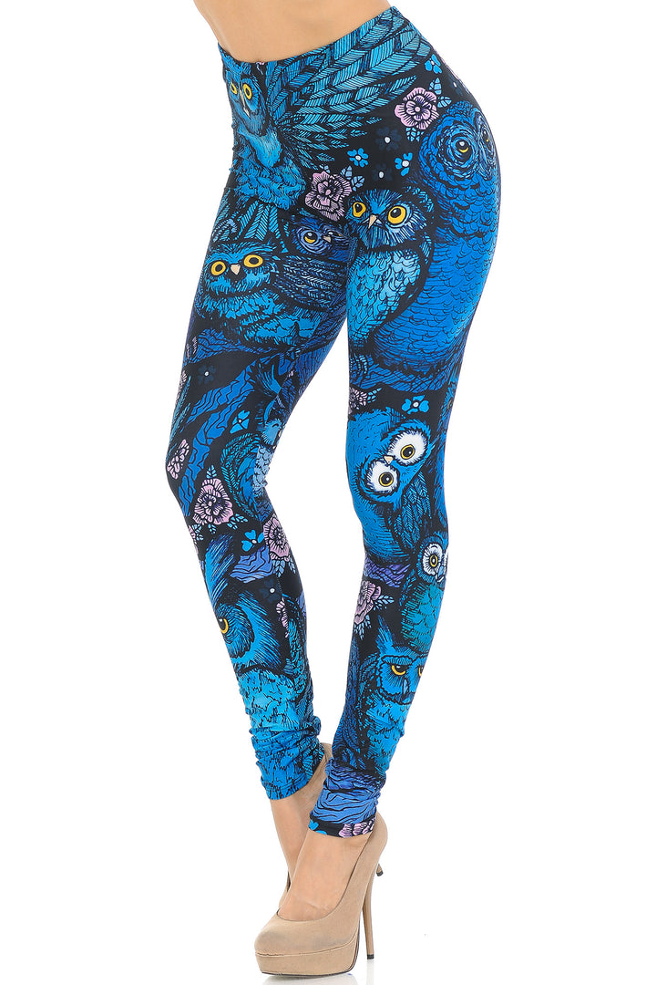 Creamy Soft Blue Owl Collage Leggings - USA Fashion