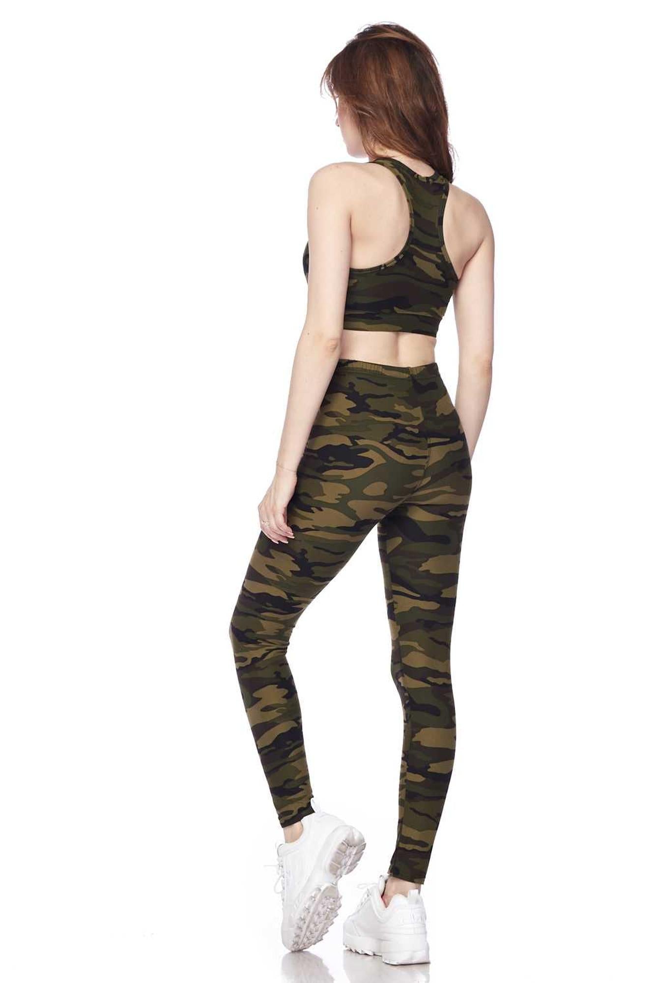 Buttery Soft Green Camouflage Leggings and Bra Set