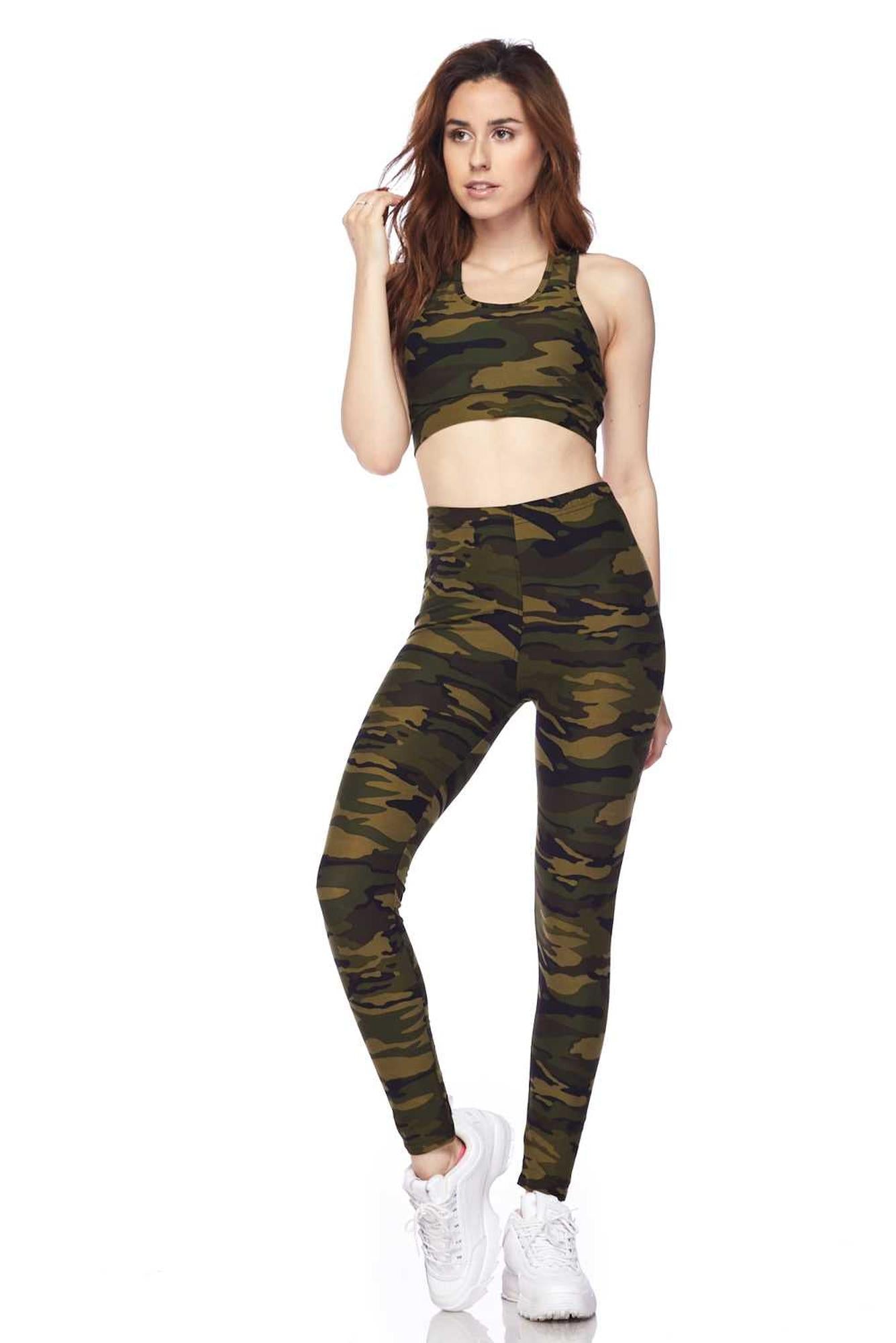 Buttery Soft Green Camouflage Leggings and Bra Set