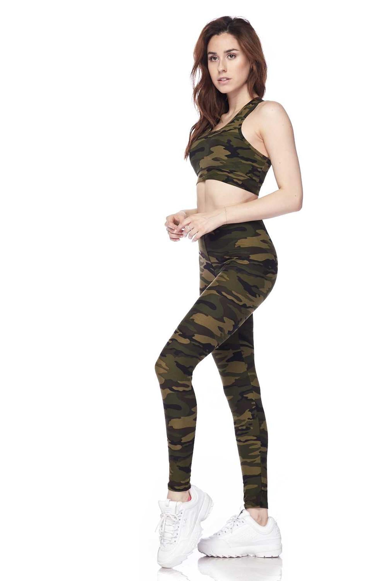 Buttery Soft Green Camouflage Leggings and Bra Set