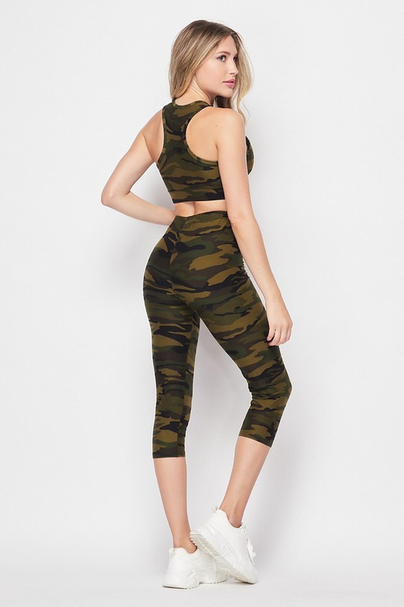 2 Piece Green Camouflage Crop Top and Capris Set