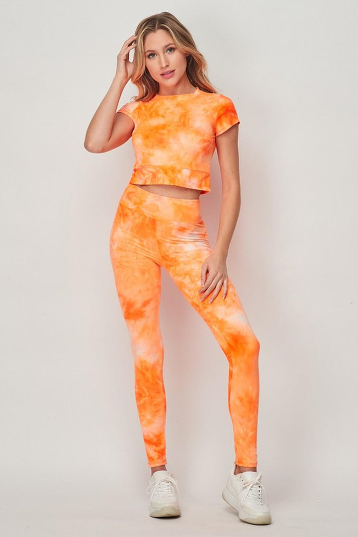Tie Dye 2 Piece Leggings and Short Sleeve Crop Top Set