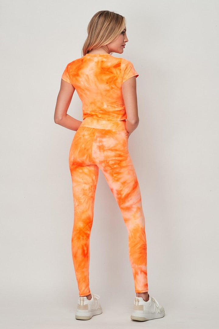 Tie Dye 2 Piece Leggings and Short Sleeve Crop Top Set