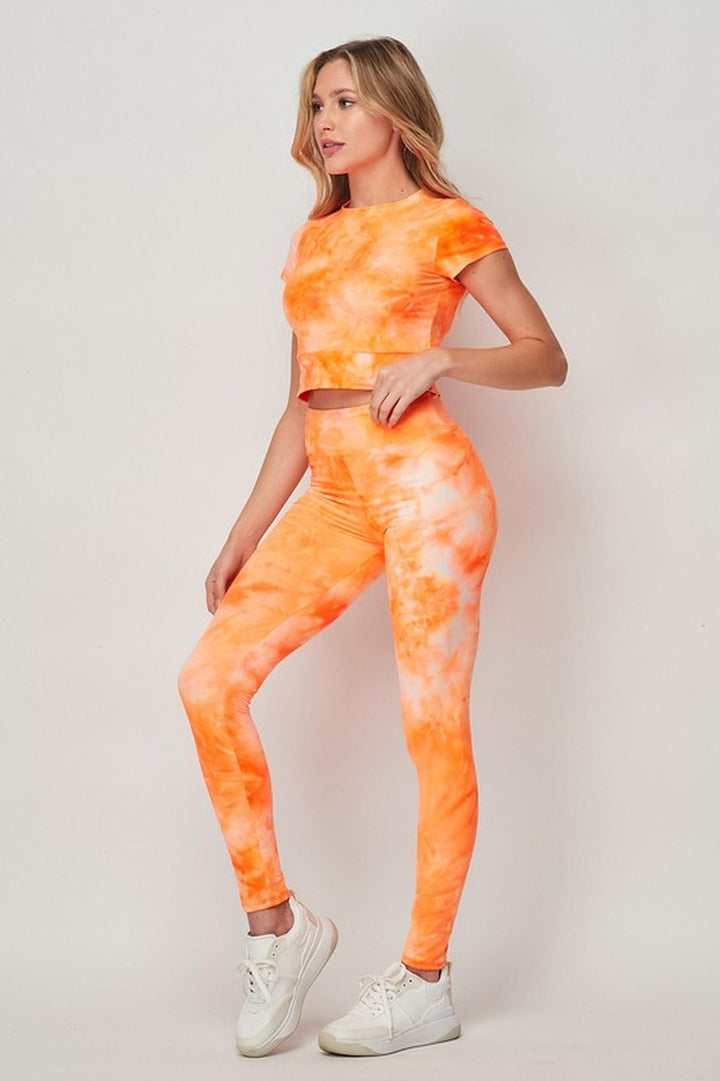 Tie Dye 2 Piece Leggings and Short Sleeve Crop Top Set