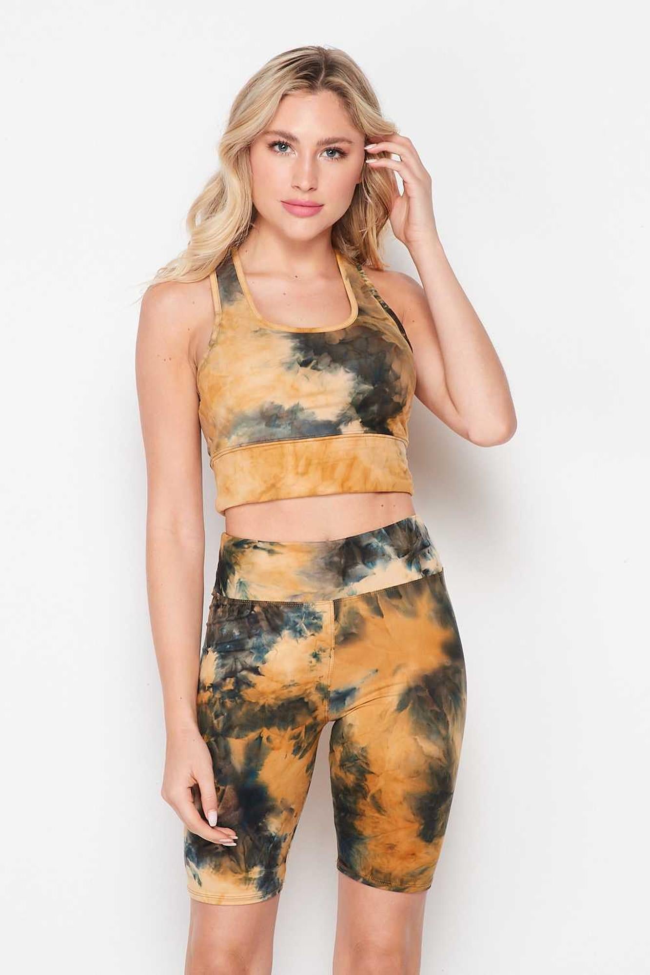 Tie Dye 2 Piece High Waisted Biker Shorts and Crop Top Set