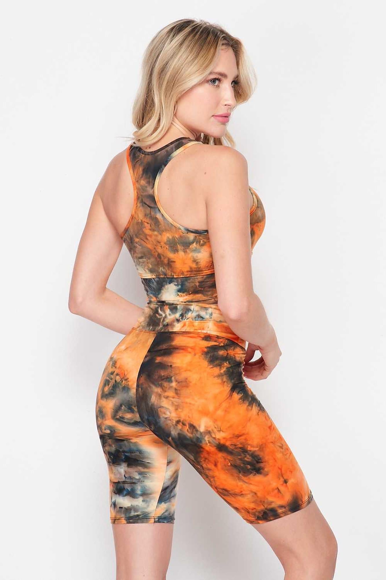 Tie Dye 2 Piece High Waisted Biker Shorts and Crop Top Set