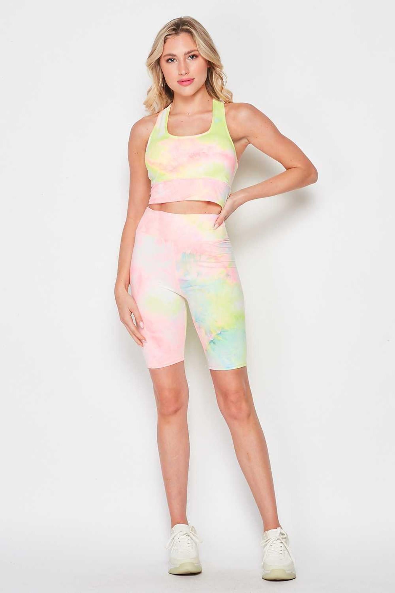Tie Dye 2 Piece High Waisted Biker Shorts and Crop Top Set
