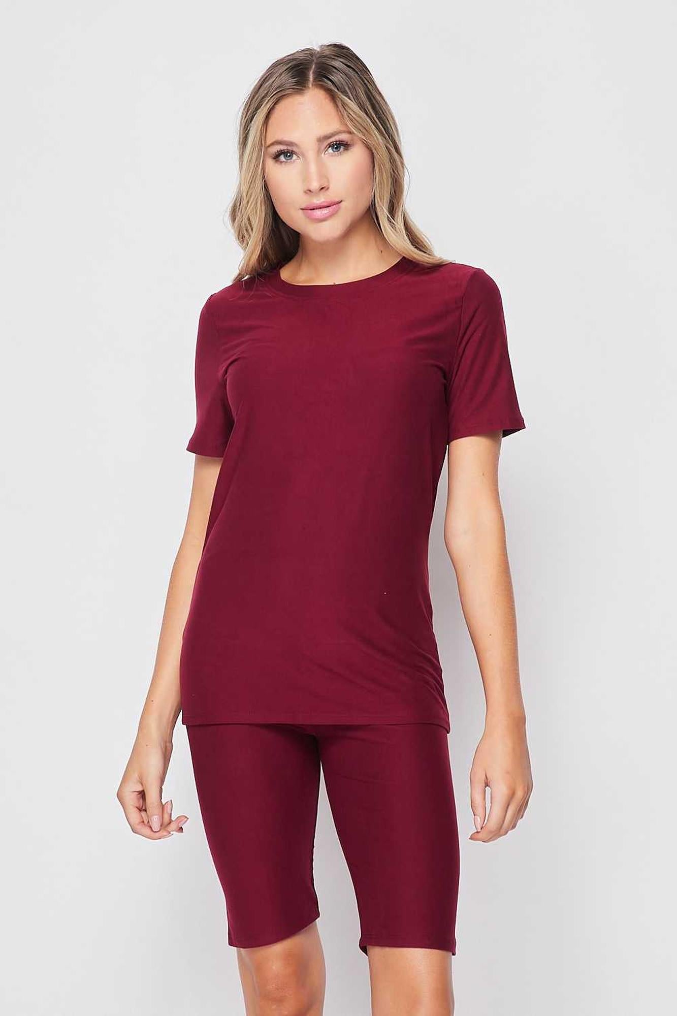 2 Piece Buttery Soft Basic Solid Biker Shorts and T-Shirt Set