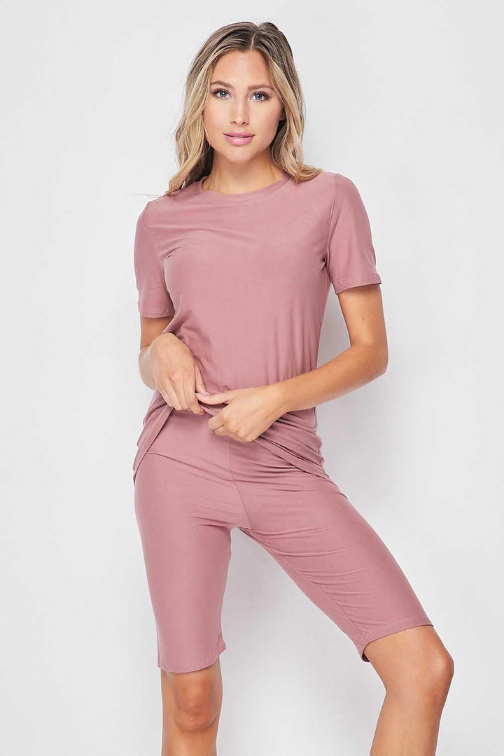 2 Piece Buttery Soft Basic Solid Biker Shorts and T-Shirt Set