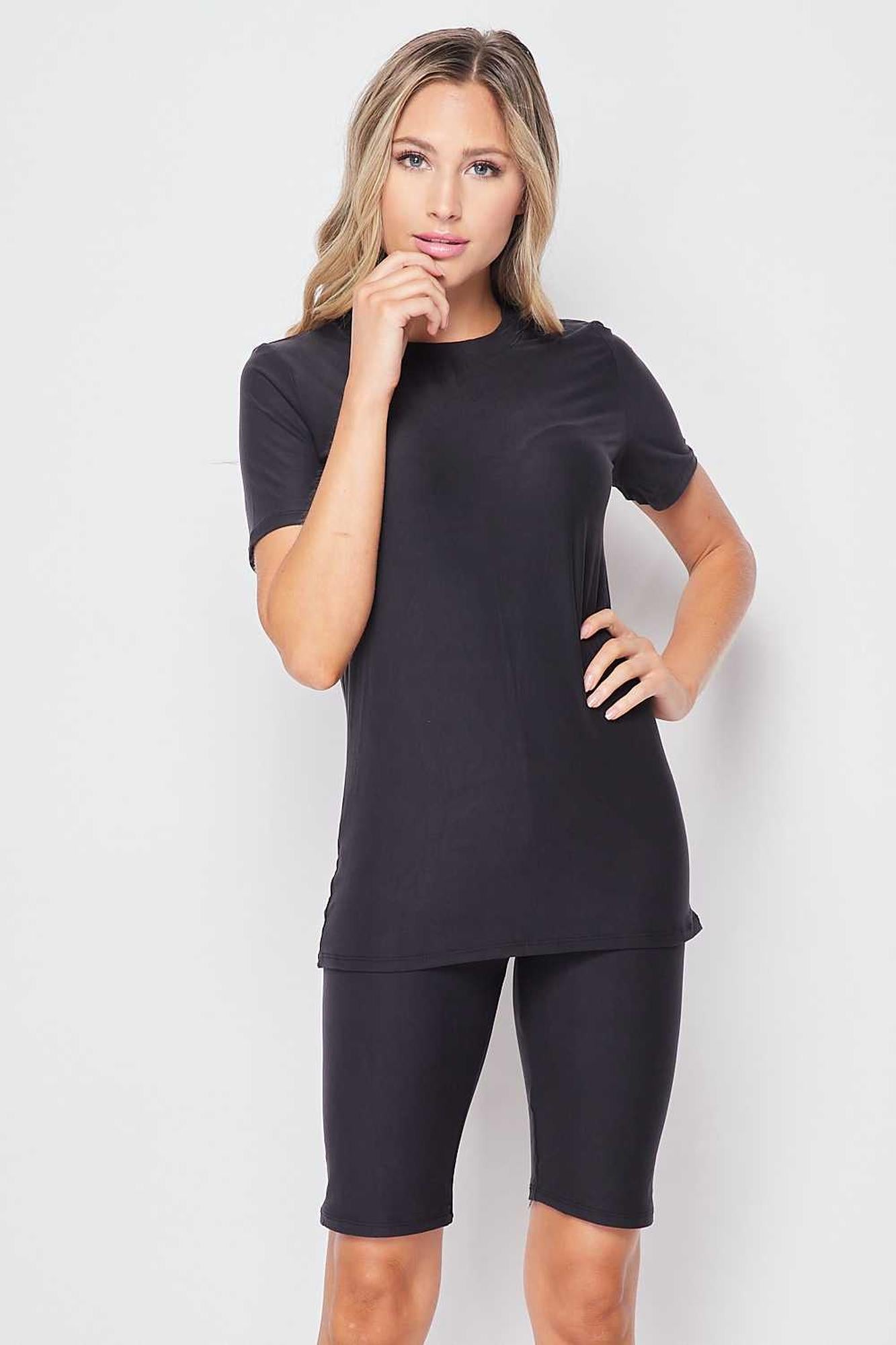 2 Piece Buttery Soft Basic Solid Biker Shorts and T-Shirt Set