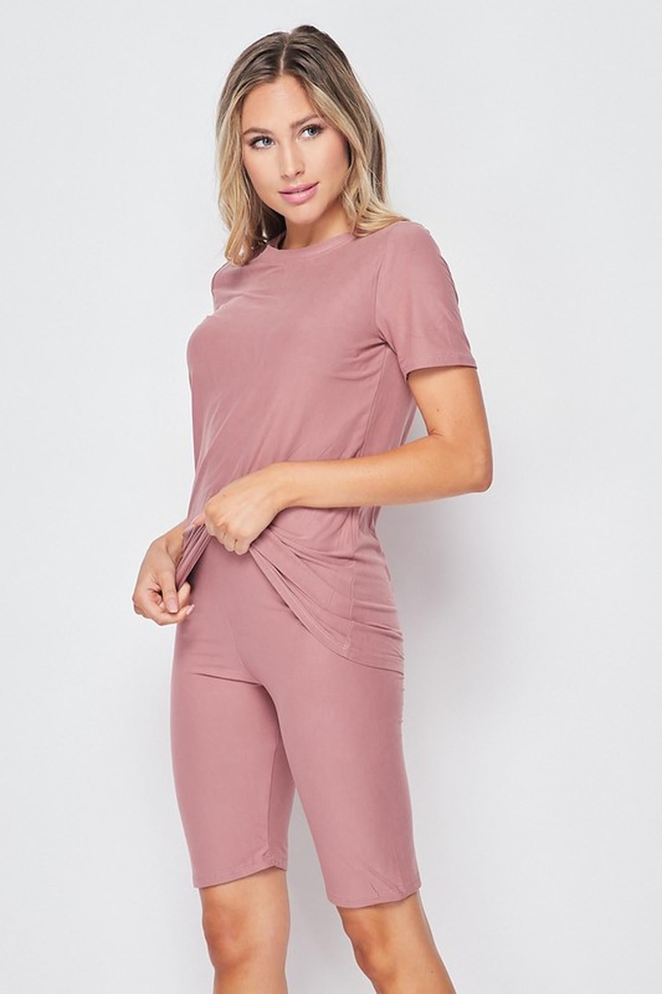 2 Piece Buttery Soft Basic Solid Biker Shorts and T-Shirt Set