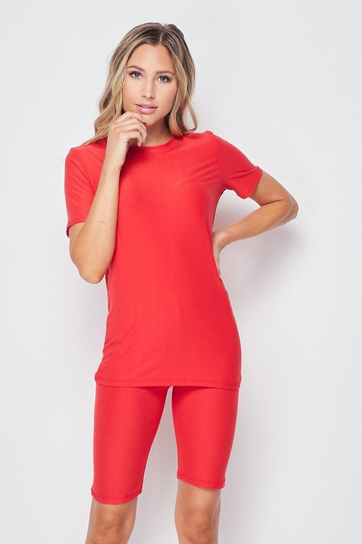 2 Piece Buttery Soft Basic Solid Biker Shorts and T-Shirt Set