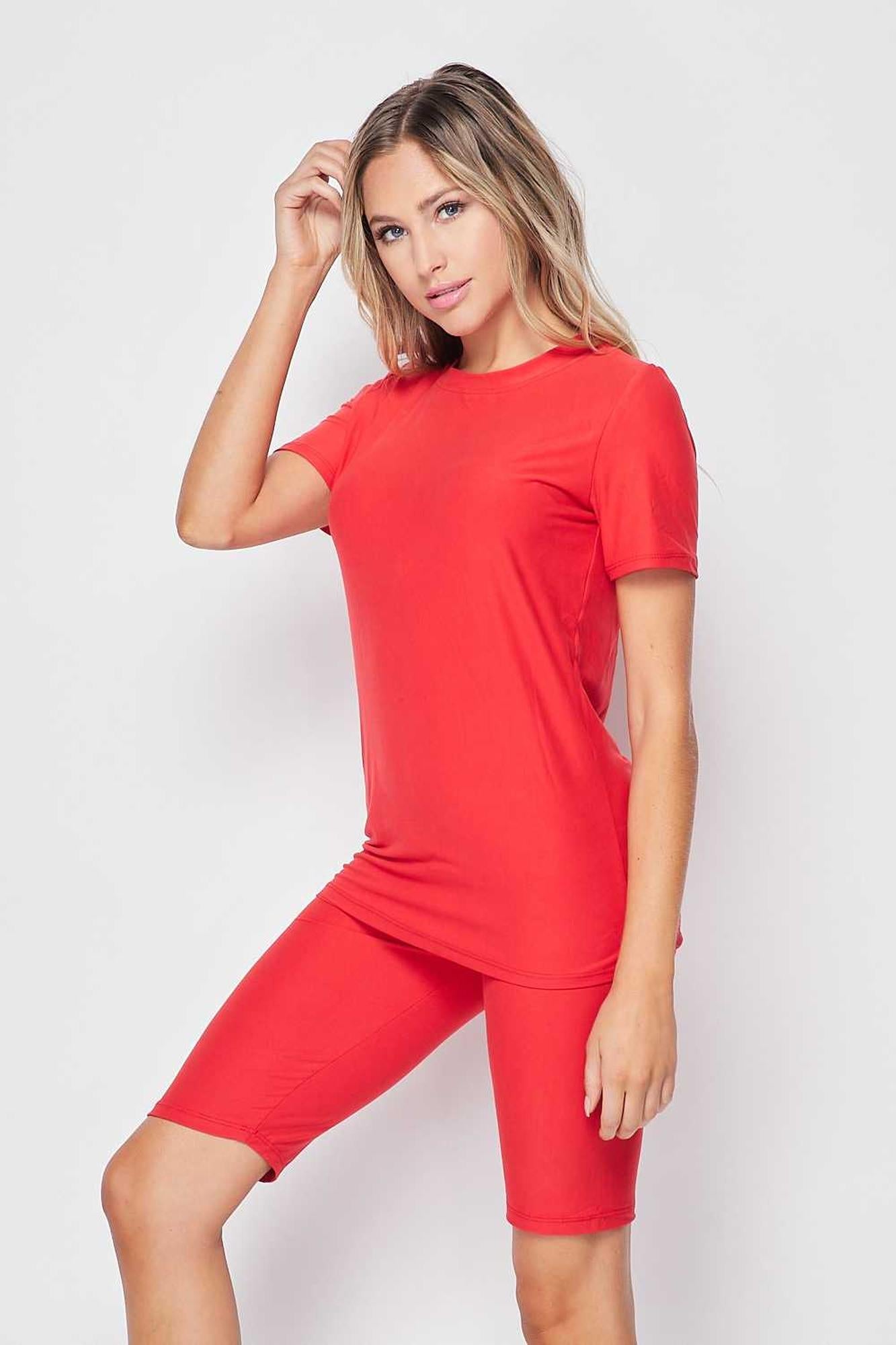 2 Piece Buttery Soft Basic Solid Biker Shorts and T-Shirt Set