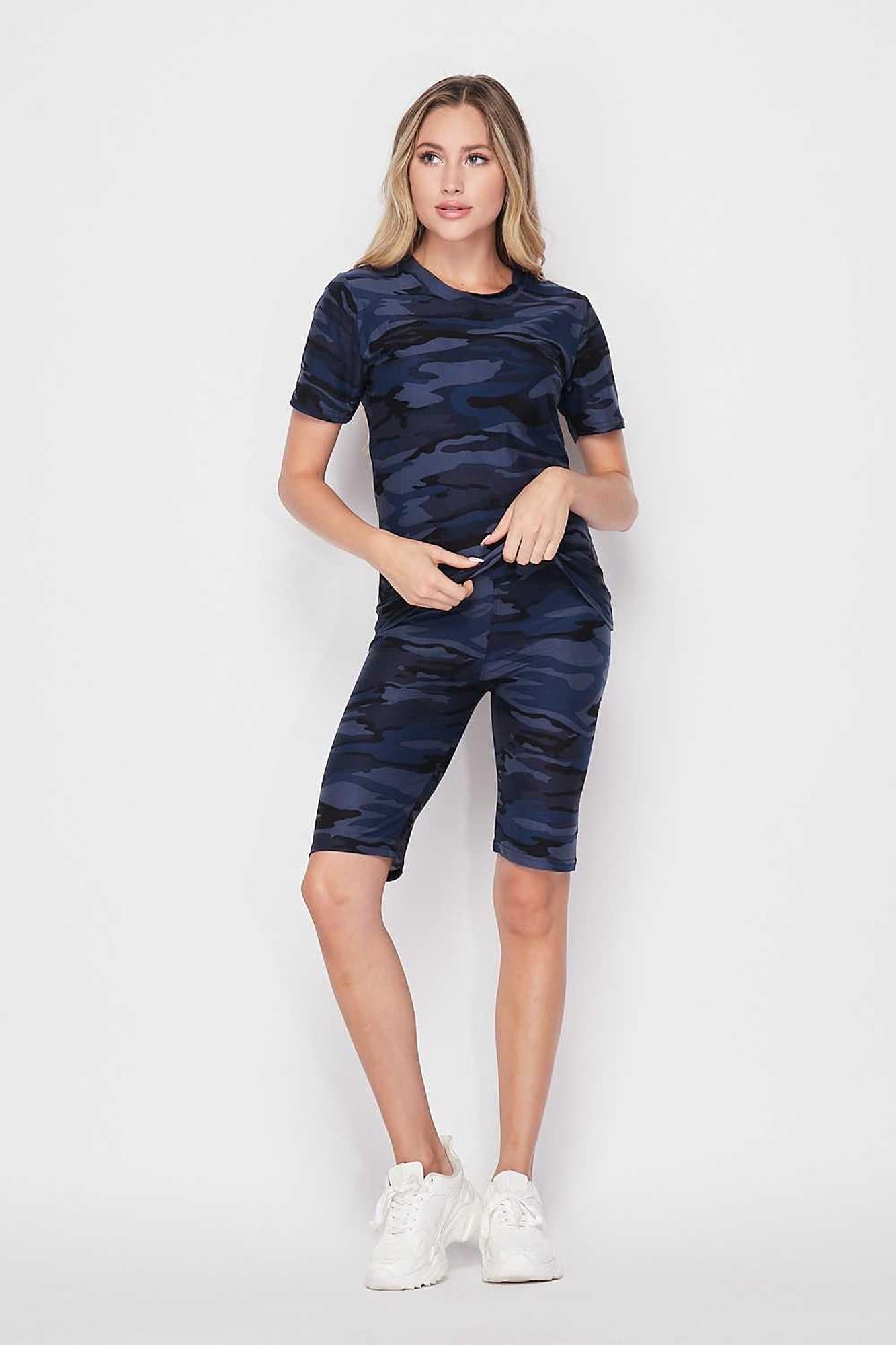 2 Piece Buttery Soft Navy Camouflage Biker Shorts and T-Shirt Set