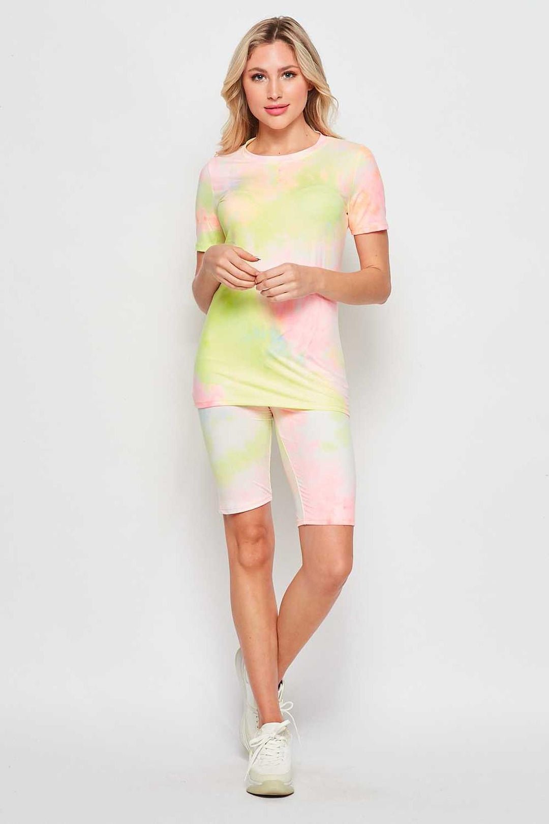 2 Piece Buttery Soft Pink and Yellow Tie Dye Biker Shorts and T-Shirt Set
