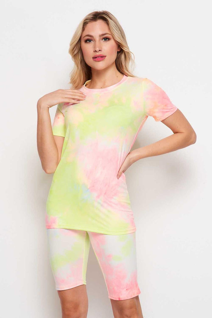 2 Piece Buttery Soft Pink and Yellow Tie Dye Biker Shorts and T-Shirt Set