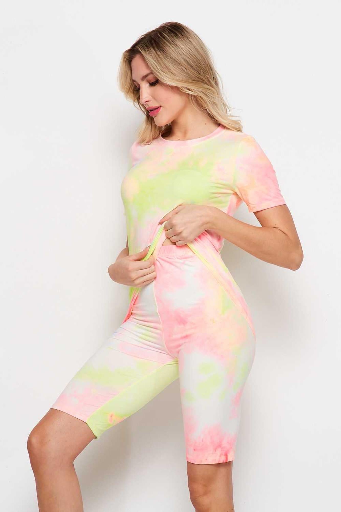 2 Piece Buttery Soft Pink and Yellow Tie Dye Biker Shorts and T-Shirt Set
