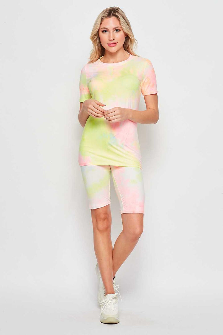 2 Piece Buttery Soft Pink and Yellow Tie Dye Biker Shorts and T-Shirt Set