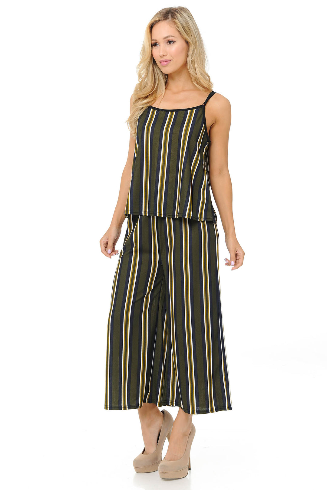 Olive Stripes Summer Palazzo Capri and Spaghetti Tank Top Set