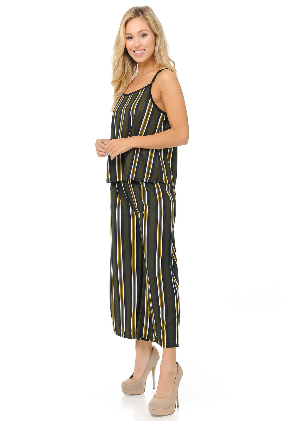 Olive Stripes Summer Palazzo Capri and Spaghetti Tank Top Set
