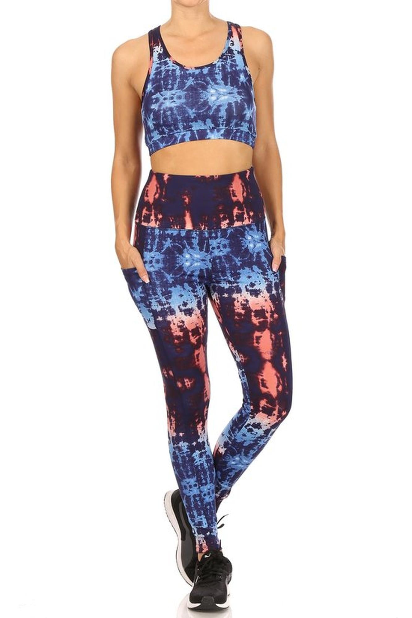 High Waisted Blue Tie Dye Sports Leggings and Crop - 2 Piece Set