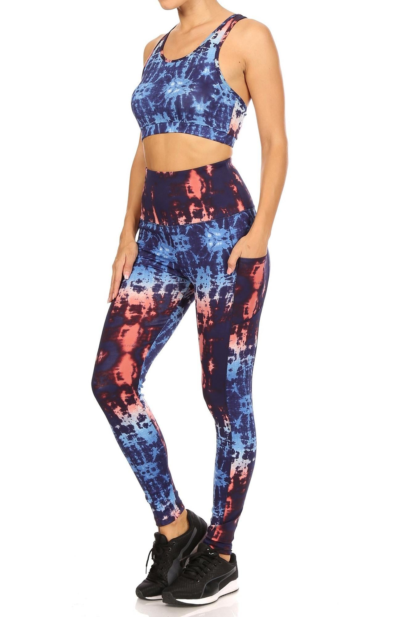 High Waisted Blue Tie Dye Sports Leggings and Crop - 2 Piece Set