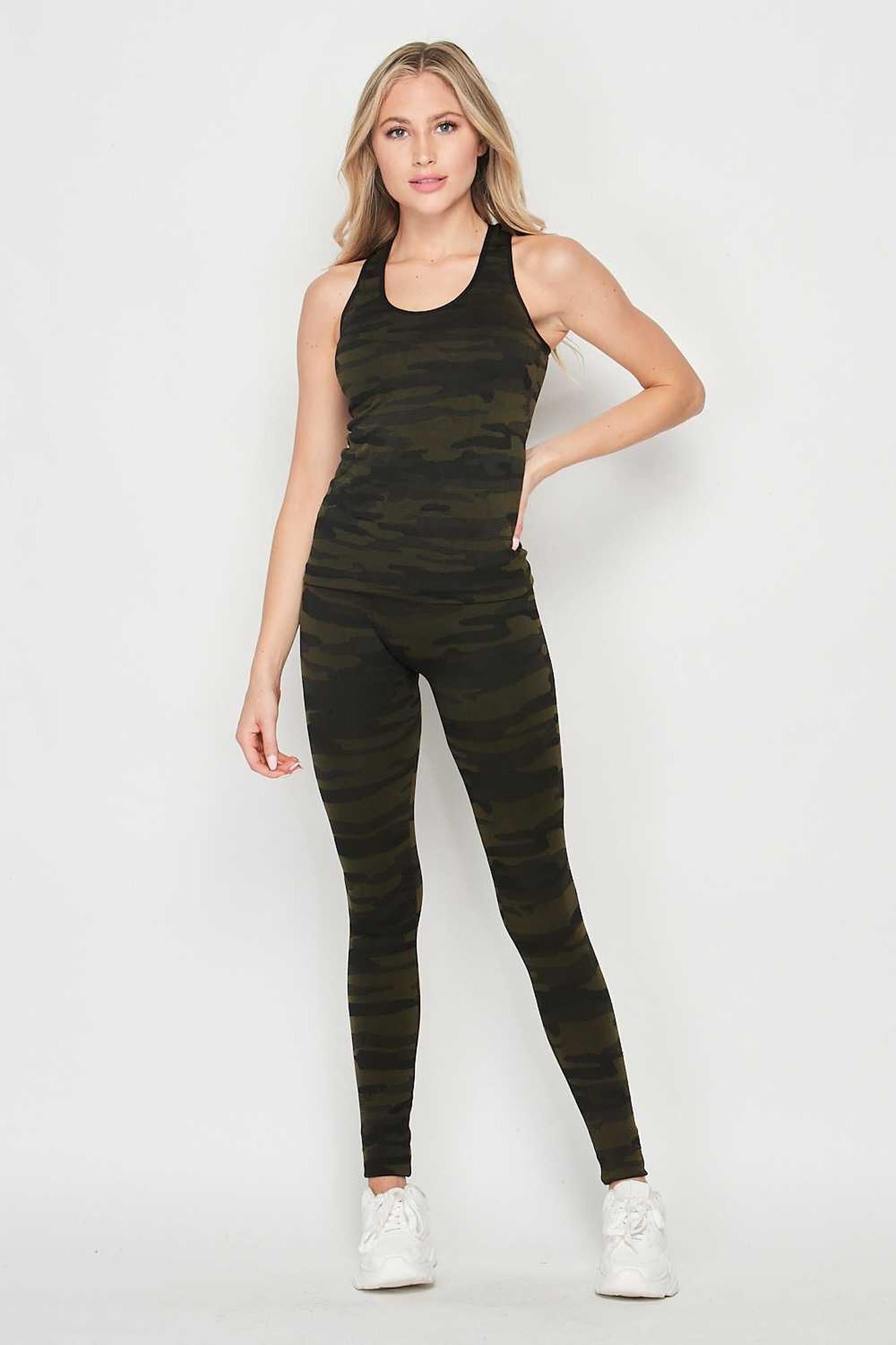 2 Piece Seamless Olive Camouflage Tank Top and Legging Set