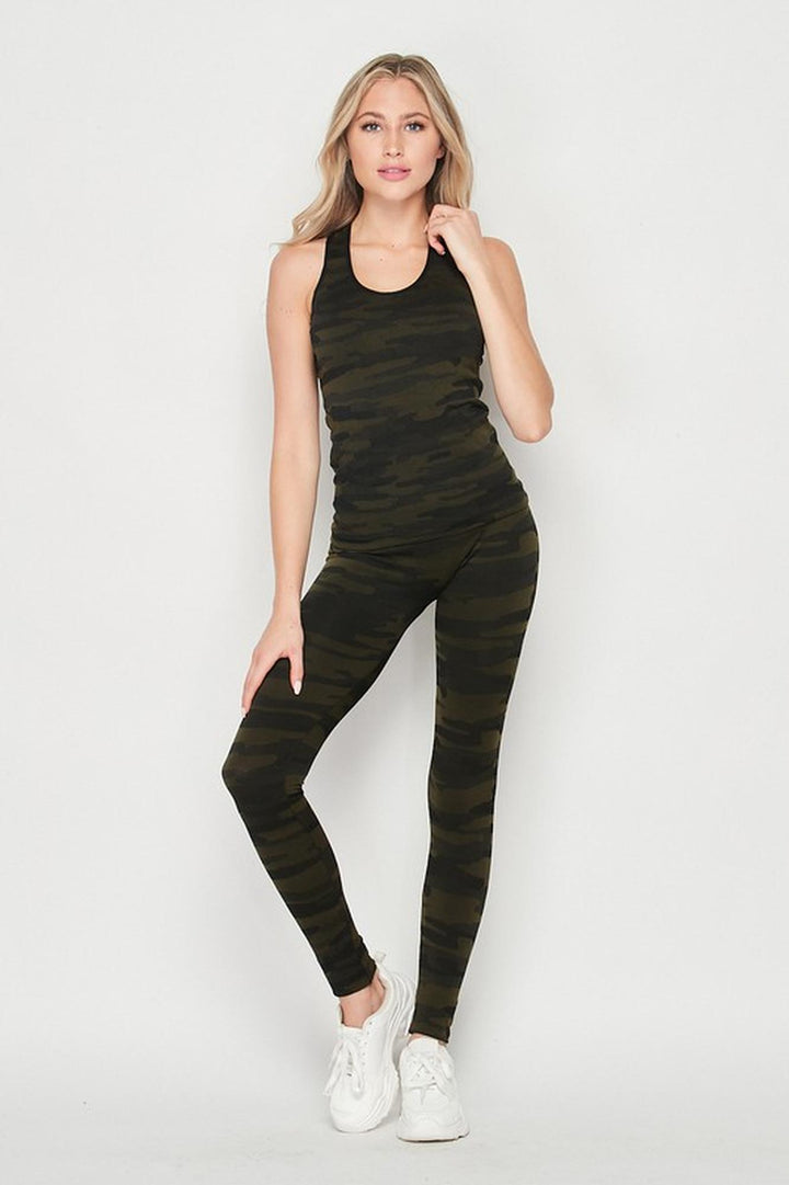 2 Piece Seamless Olive Camouflage Tank Top and Legging Set