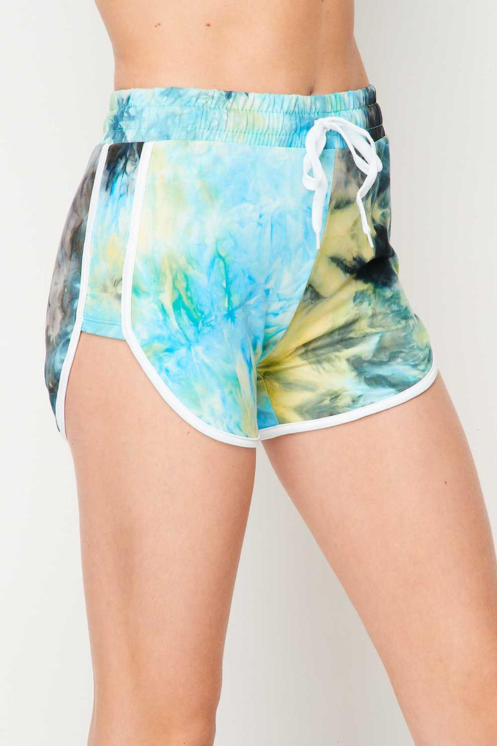 Buttery Soft Blue Tie Dye Side Striped Drawstring Waist Dolphin Shorts