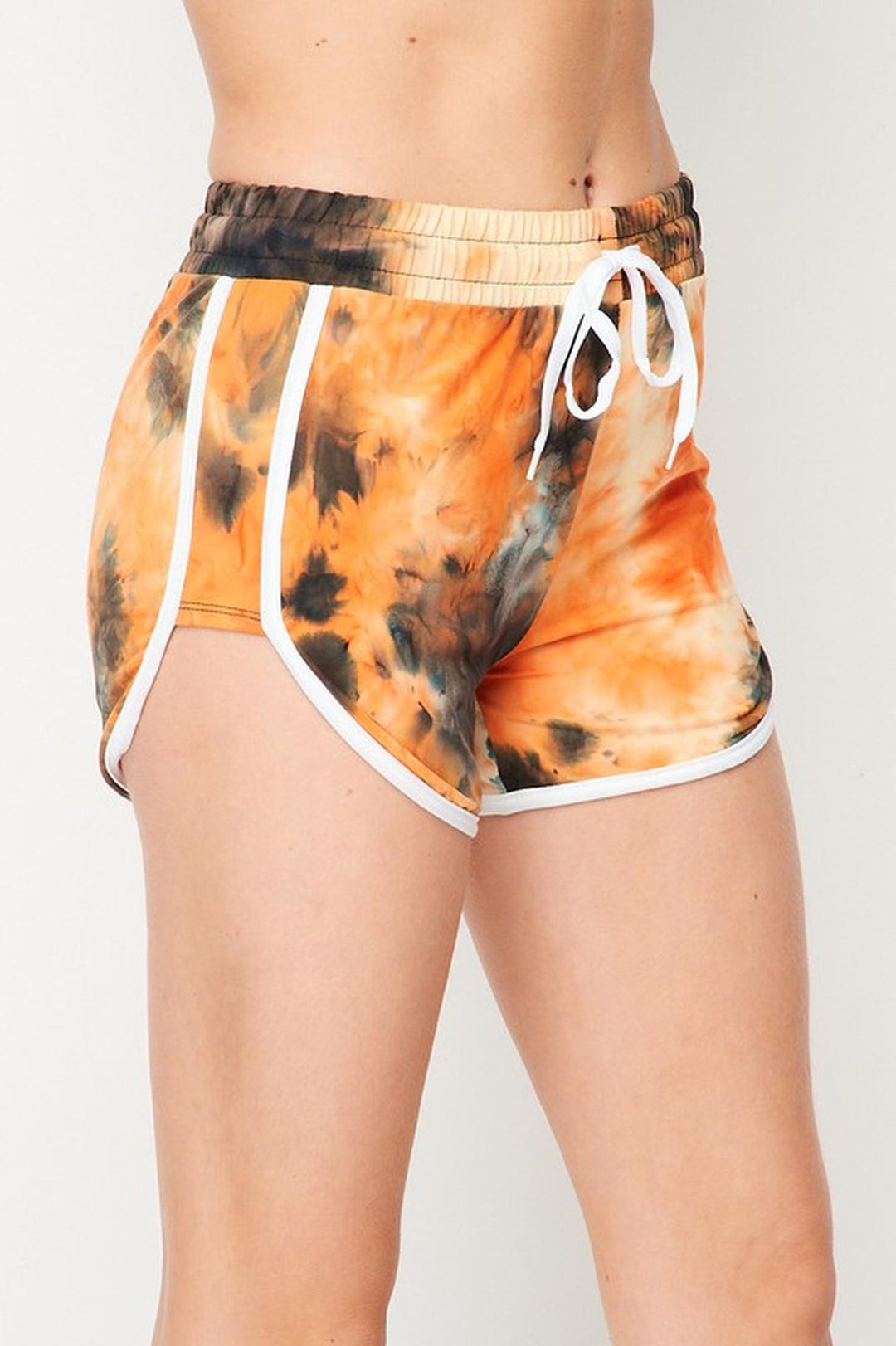 Buttery Soft Orange Tie Dye Side Striped Drawstring Waist Dolphin Shorts