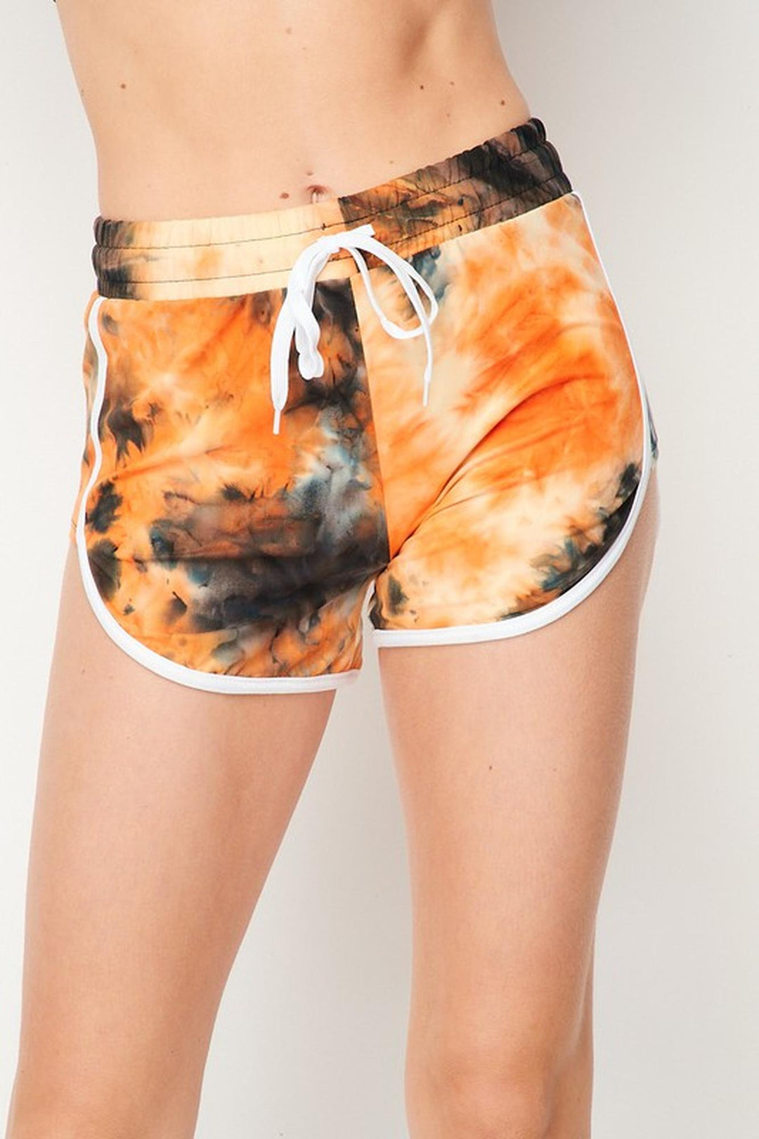 Buttery Soft Orange Tie Dye Side Striped Drawstring Waist Dolphin Shorts