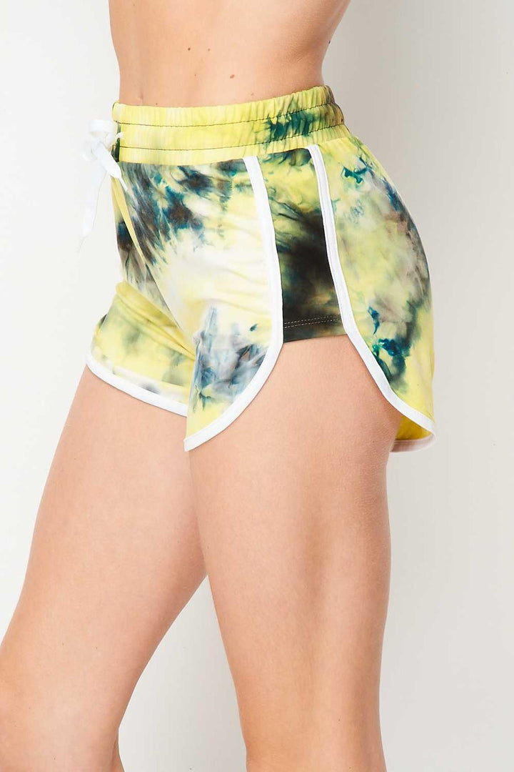 Buttery Soft Yellow Tie Dye Side Striped Drawstring Waist Dolphin Shorts