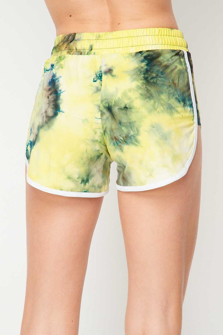 Buttery Soft Yellow Tie Dye Side Striped Drawstring Waist Dolphin Shorts