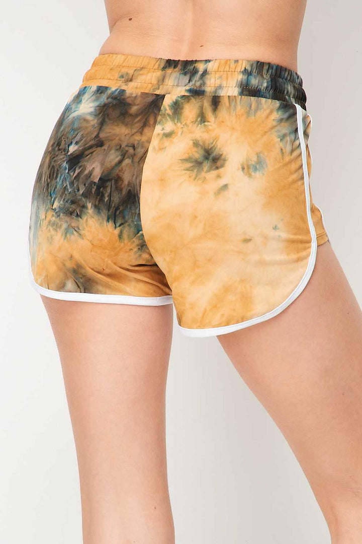 Buttery Soft Camel Tie Dye Side Striped Drawstring Waist Dolphin Shorts