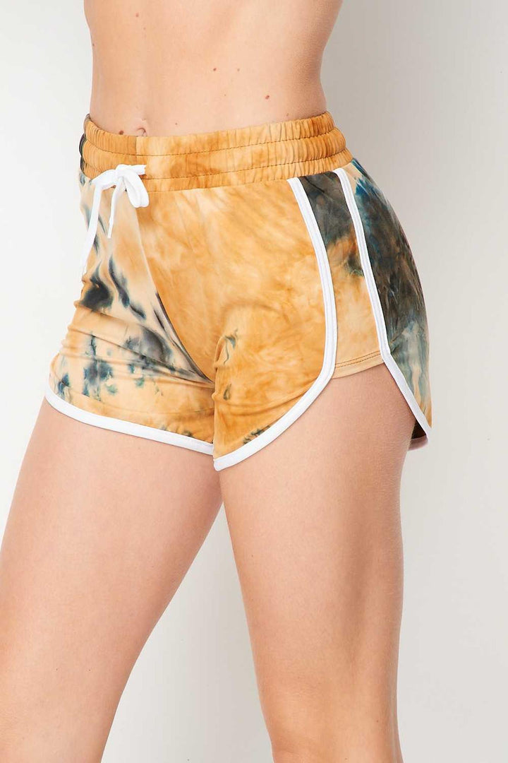 Buttery Soft Camel Tie Dye Side Striped Drawstring Waist Dolphin Shorts