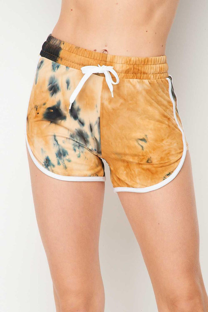 Buttery Soft Camel Tie Dye Side Striped Drawstring Waist Dolphin Shorts